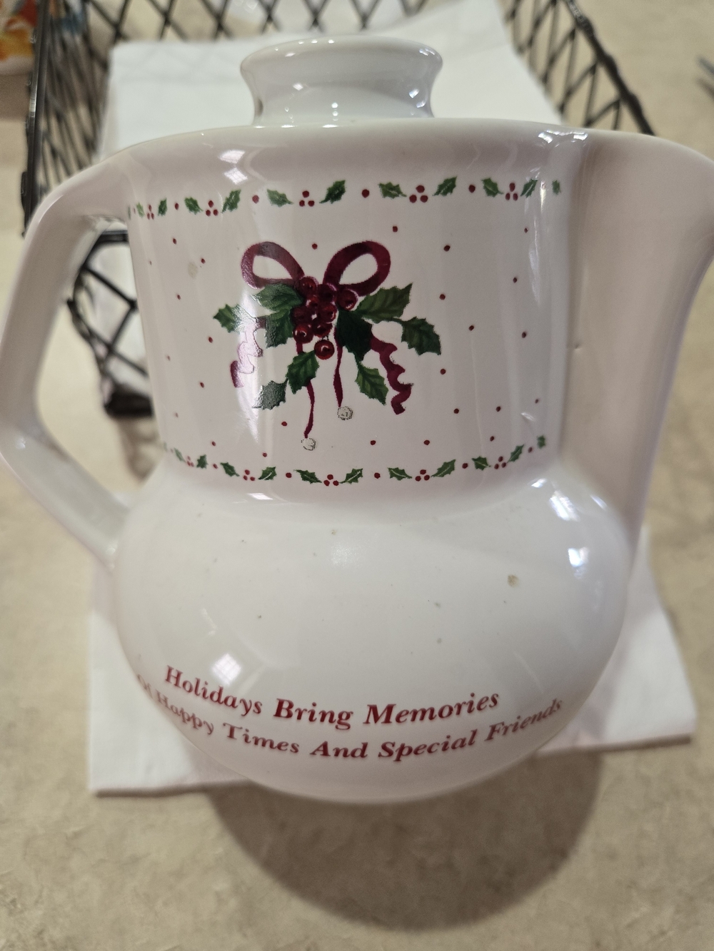 Russ Berrie Holiday Ceramic Teapot with Holly Ribbon Design - White & Green
